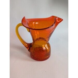 Vintage Crackle Glass Pitcher Amberina Orange Mid-Century 5 1/4"